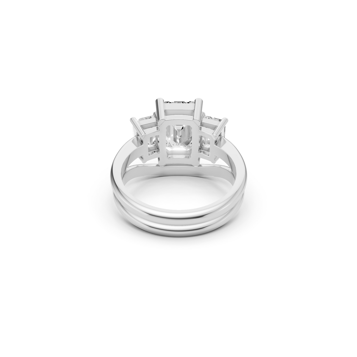 Three Stone Emerald Cut Lab Diamond Curved Engagement Ring