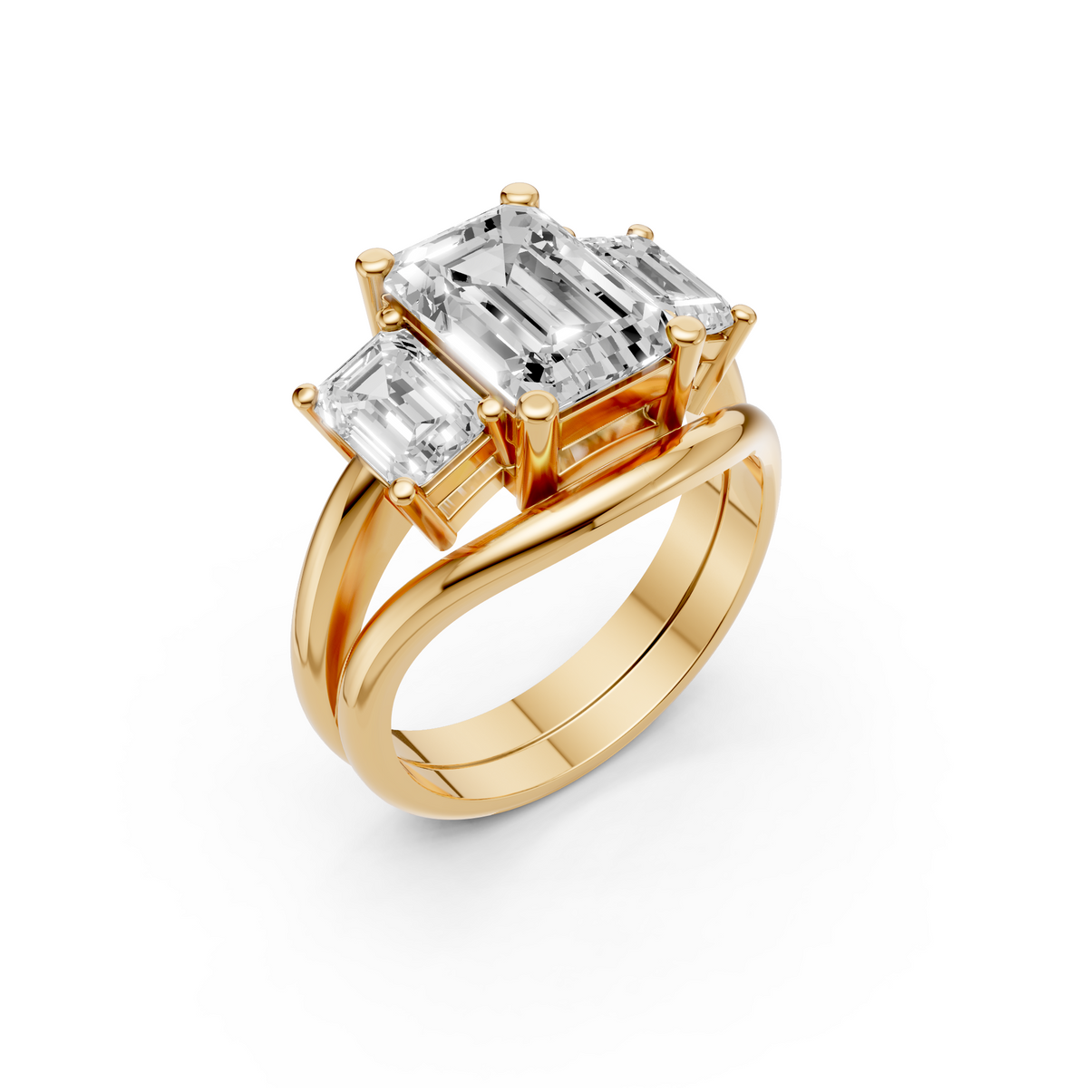 Three Stone Emerald Cut Lab Diamond Curved Engagement Ring