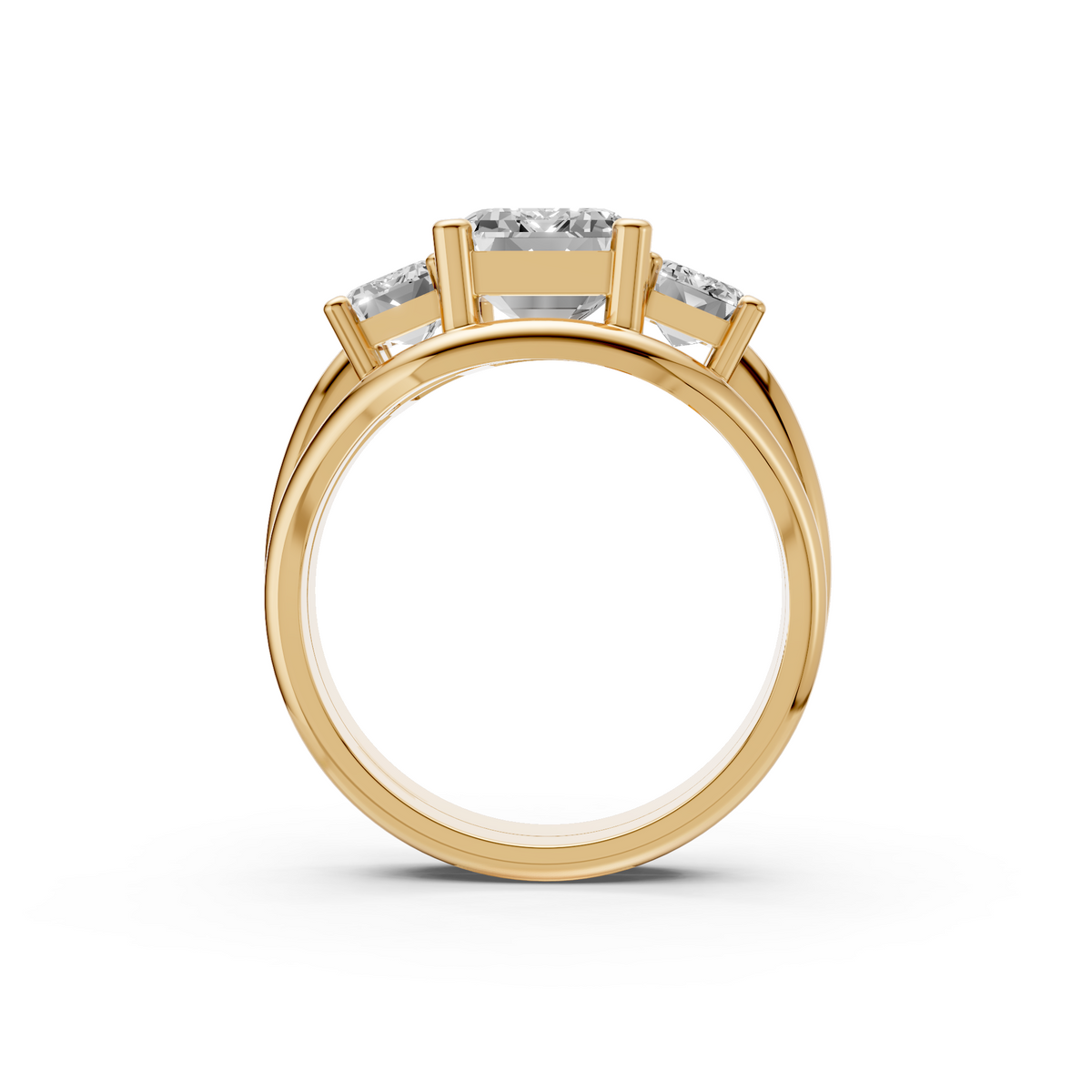 Three Stone Emerald Cut Lab Diamond Curved Engagement Ring