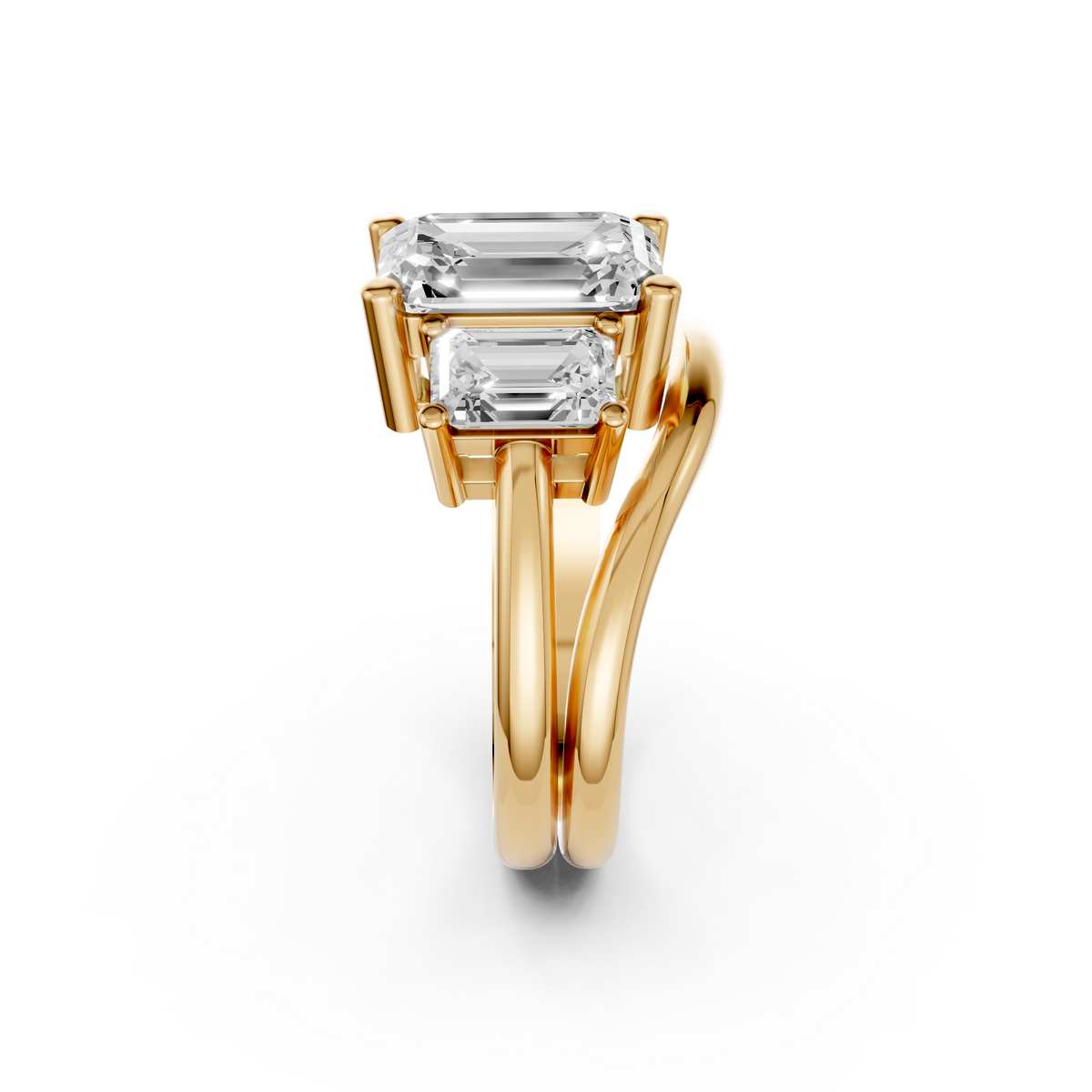 Three Stone Emerald Cut Lab Diamond Curved Engagement Ring
