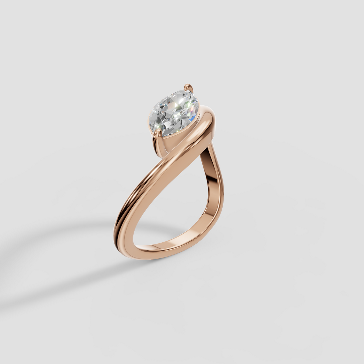 East-West Marquise Diamond Wave Bypass Solitaire Engagement Ring in 14K Gold