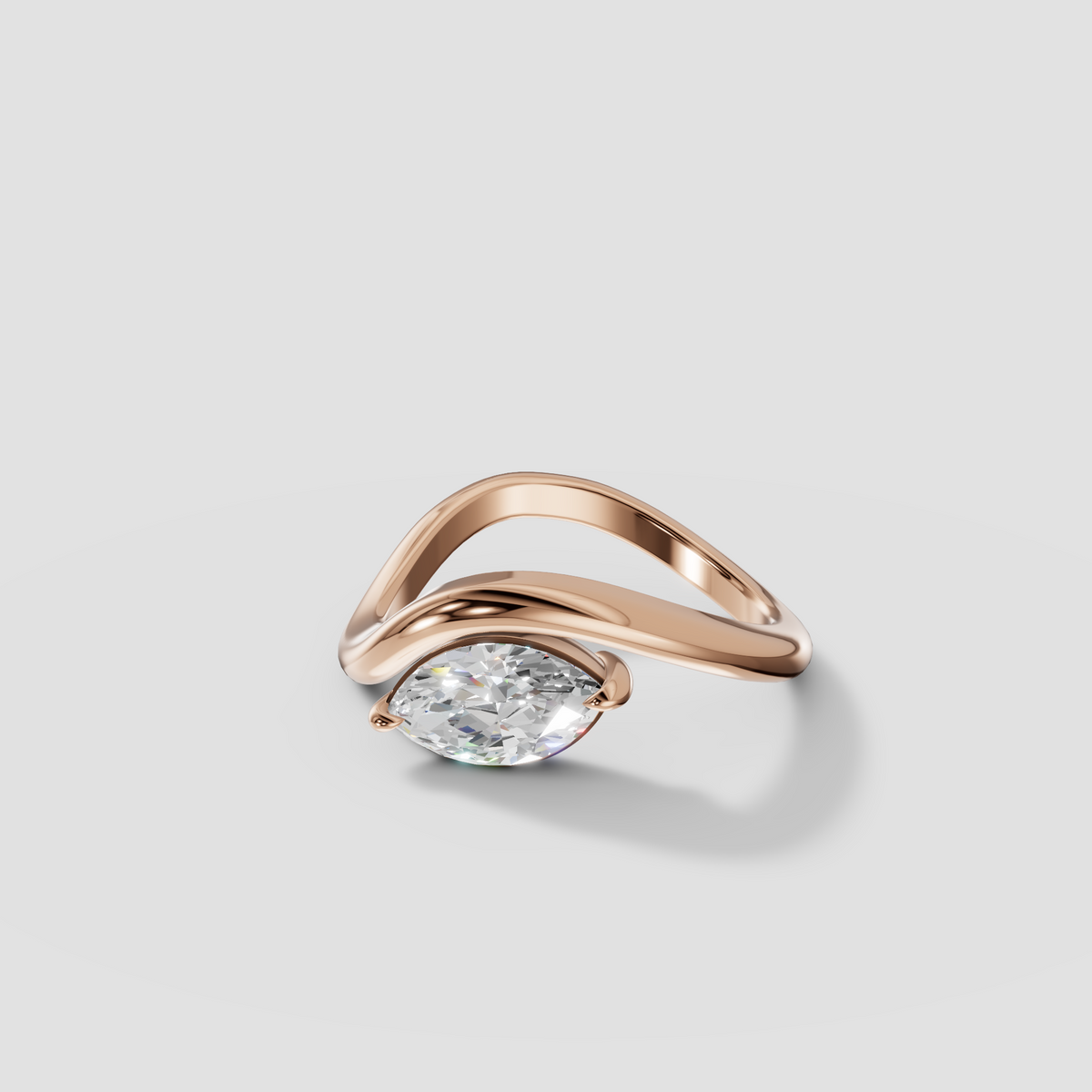 East-West Marquise Diamond Wave Bypass Solitaire Engagement Ring in 14K Gold