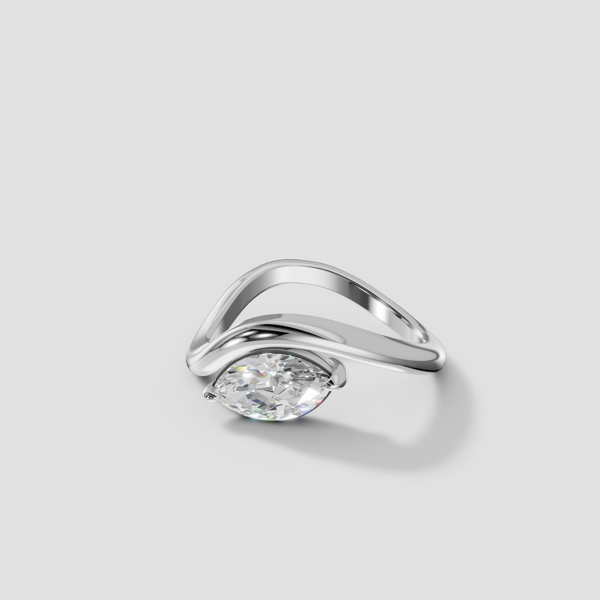 East-West Marquise Diamond Wave Bypass Solitaire Engagement Ring in 14K Gold
