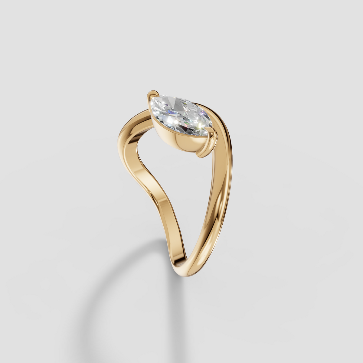 East-West Marquise Diamond Wave Bypass Solitaire Engagement Ring in 14K Gold