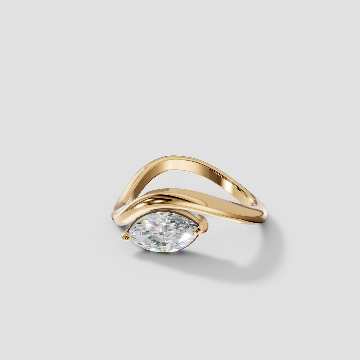 East-West Marquise Diamond Wave Bypass Solitaire Engagement Ring in 14K Gold