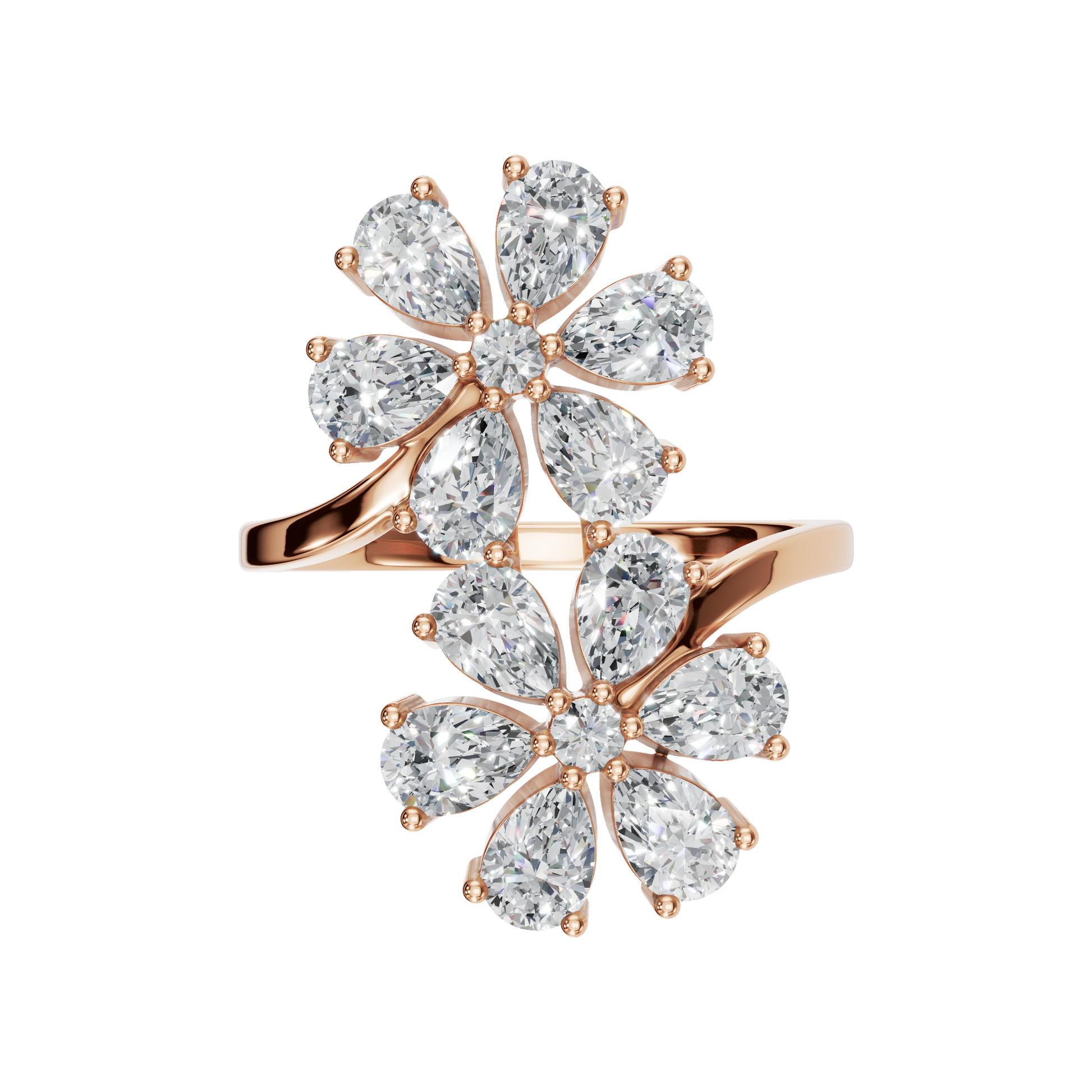 1.91Ct Round & Princess Diamond Floral Ring in Gold | Luxury Double Flower Fine Jewelry Ring