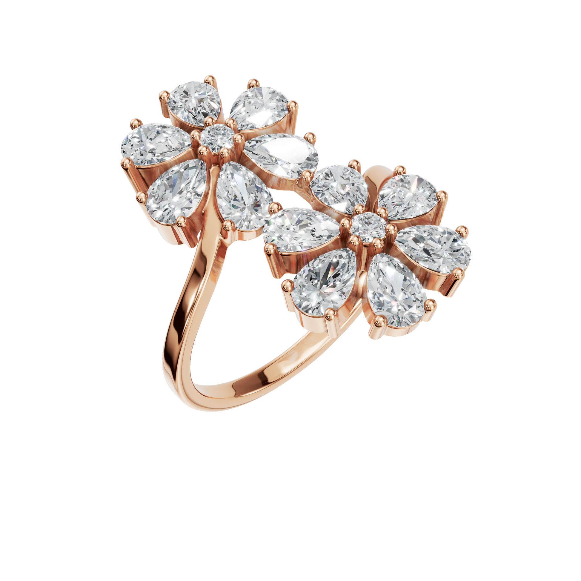 1.91Ct Round & Princess Diamond Floral Ring in Gold | Luxury Double Flower Fine Jewelry Ring