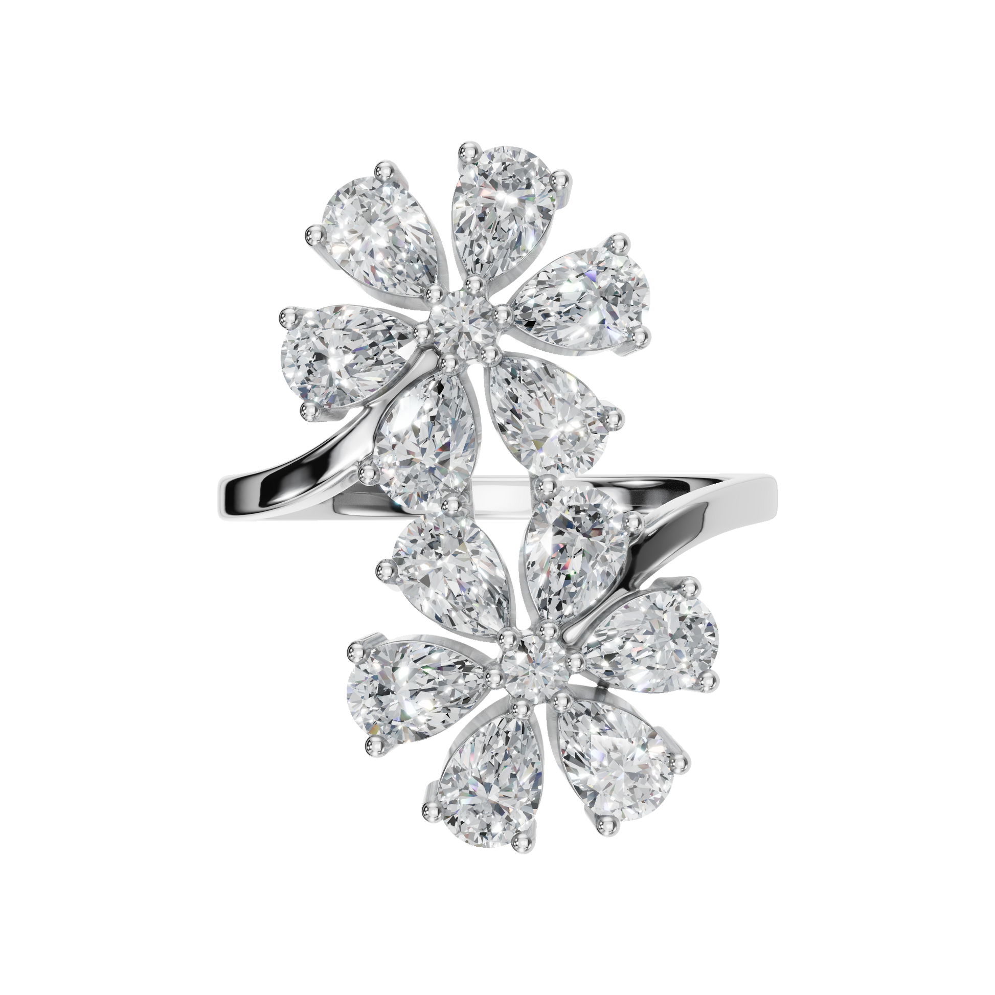 1.91Ct Round & Princess Diamond Floral Ring in Gold | Luxury Double Flower Fine Jewelry Ring