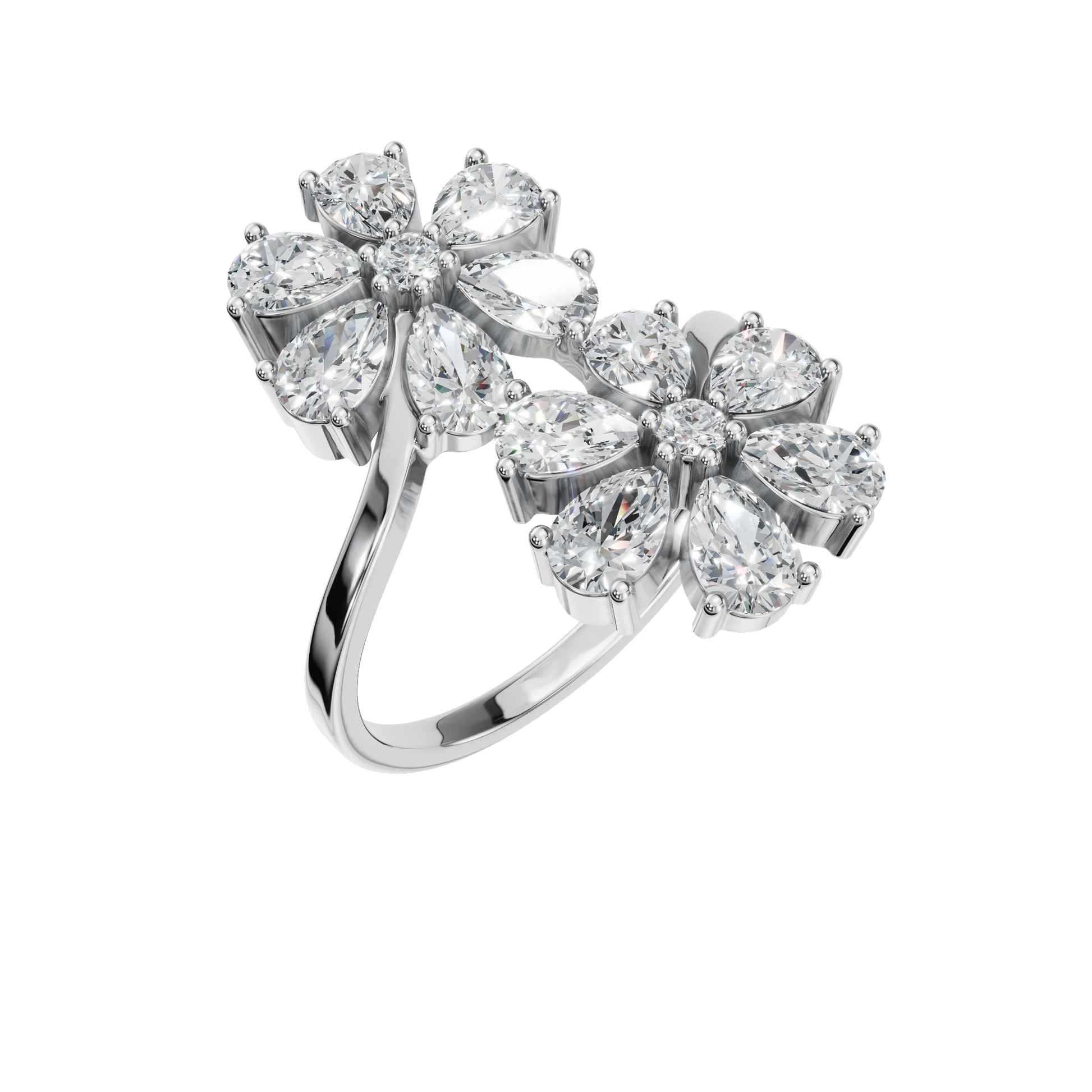 1.91Ct Round & Princess Diamond Floral Ring in Gold | Luxury Double Flower Fine Jewelry Ring