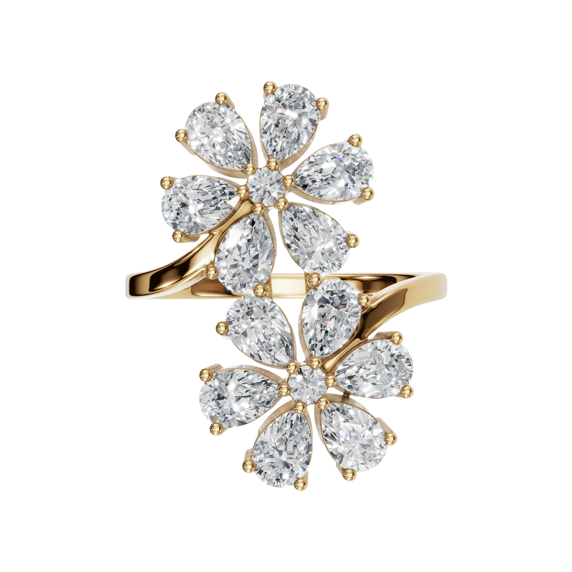 1.91Ct Round & Princess Diamond Floral Ring in Gold | Luxury Double Flower Fine Jewelry Ring