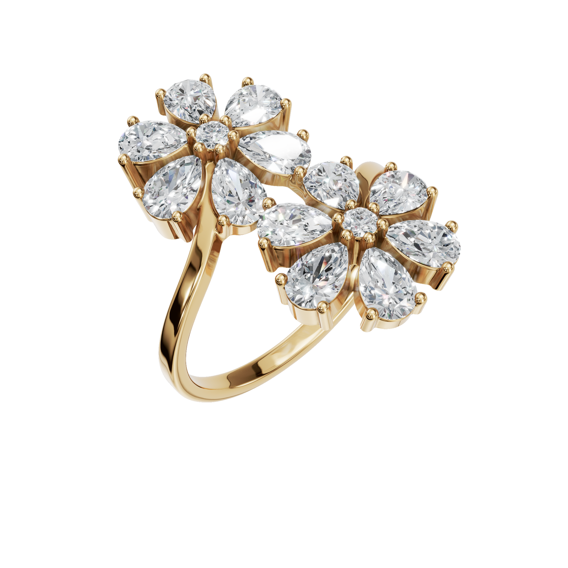 1.91Ct Round & Princess Diamond Floral Ring in Gold | Luxury Double Flower Fine Jewelry Ring