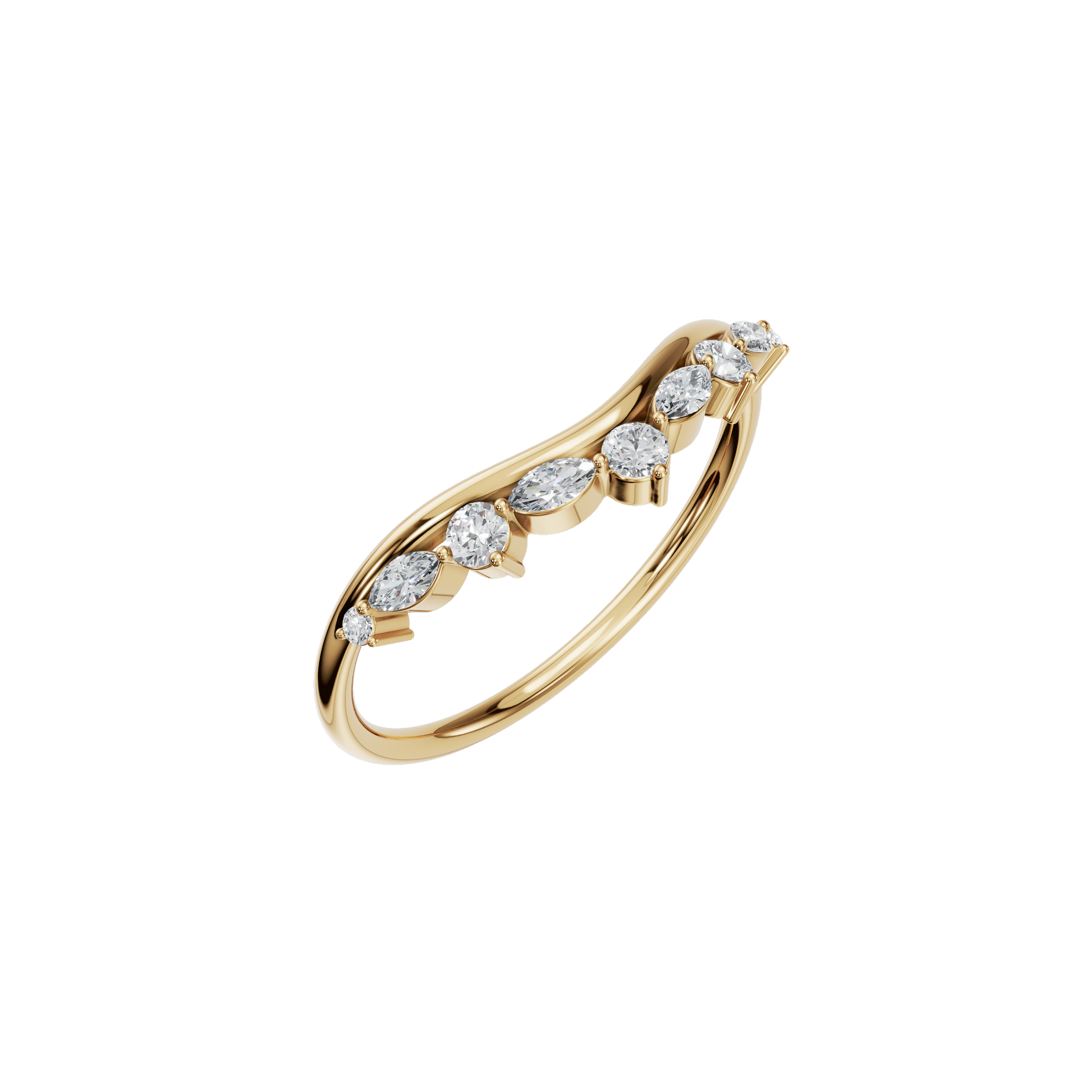 Multi Shape Diamond Curved Chevron Ring in Gold | Elegant Minimal V Band