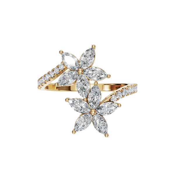 1.06 CTW Diamond Flower Ring – Round & Marquise Double Bloom Design in 14K Yellow Gold