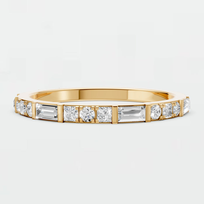 Baguette & Round Cut Lab Grown Diamond Bezel Set  Stackable Wedding Band In Solid Gold