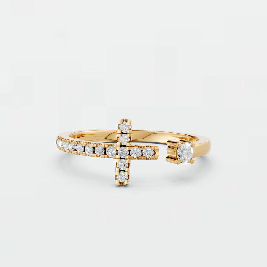 Round Cut Diamond Bezel Set Cross Ring In Solid Gold