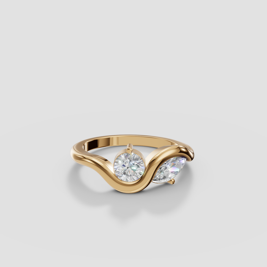 Rumi Round and Marquise Diamond Toi et Moi Wave Wedding Band in 14K Gold
