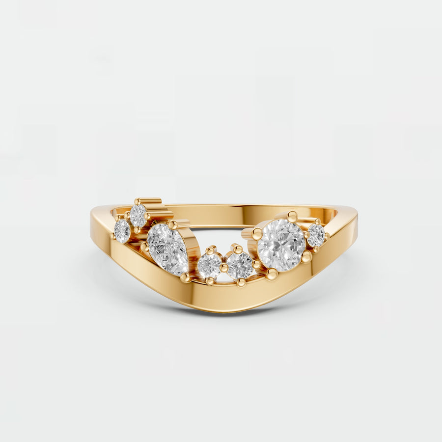 Pear & Round Diamond Curved Cluster Ring 14K Yellow Gold