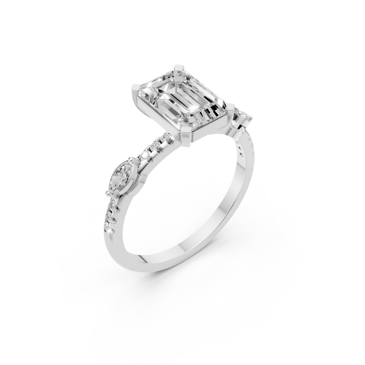 Seraphine Emerald Cut Diamond Solitaire Ring with Marquise Accents