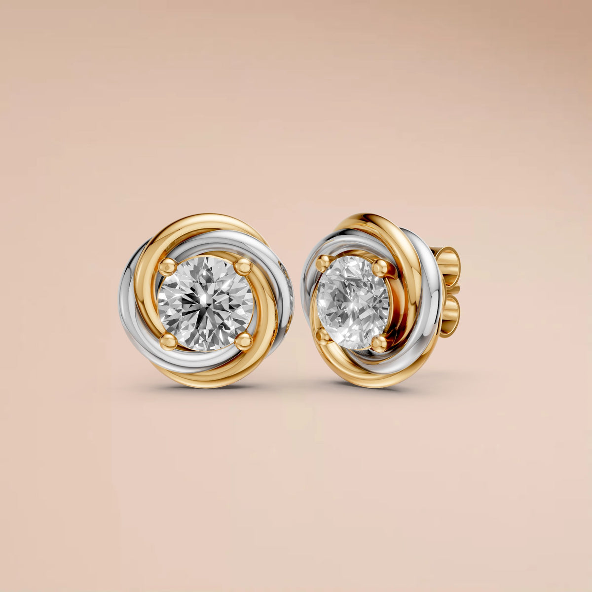 Two Tone interlocking Round Diamond Stud Earrings with Sculptural Gold Design