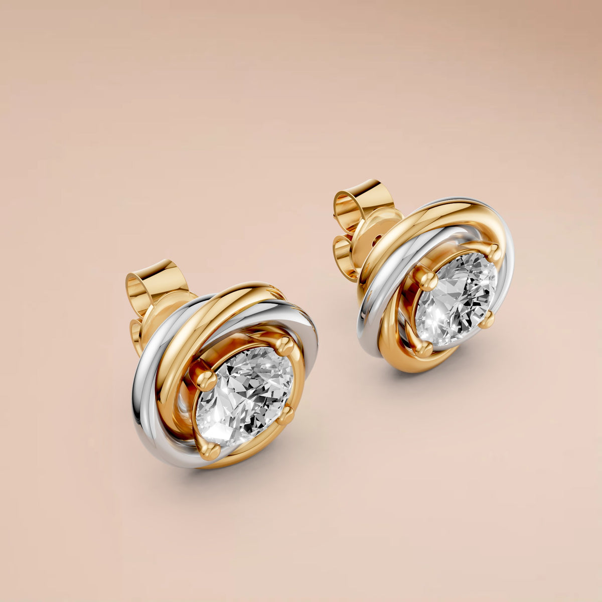 Two Tone interlocking Round Diamond Stud Earrings with Sculptural Gold Design