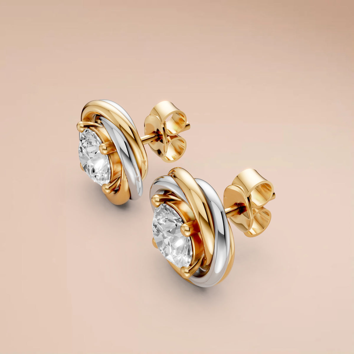 Two Tone interlocking Round Diamond Stud Earrings with Sculptural Gold Design