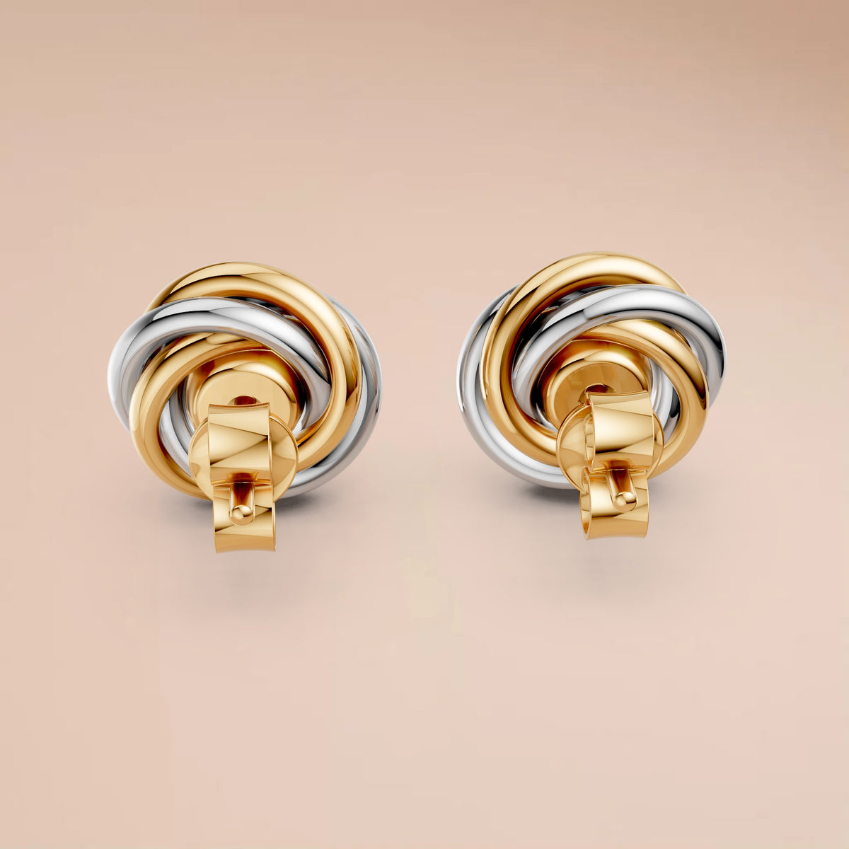Two Tone interlocking Round Diamond Stud Earrings with Sculptural Gold Design