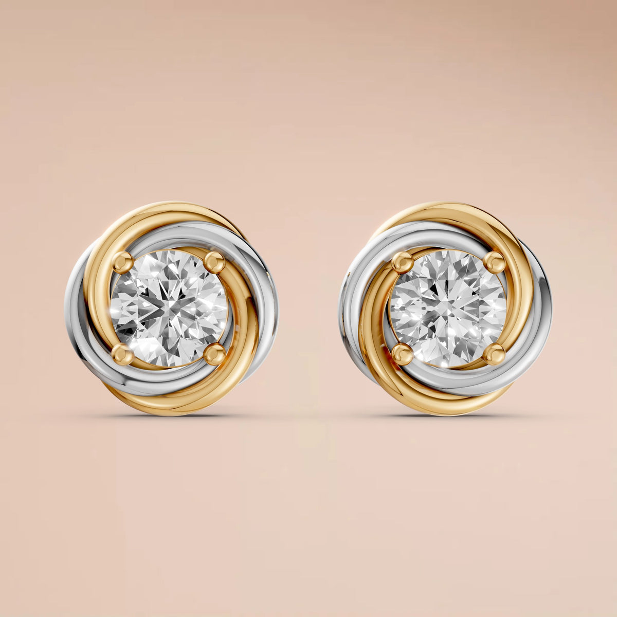 Two Tone interlocking Round Diamond Stud Earrings with Sculptural Gold Design