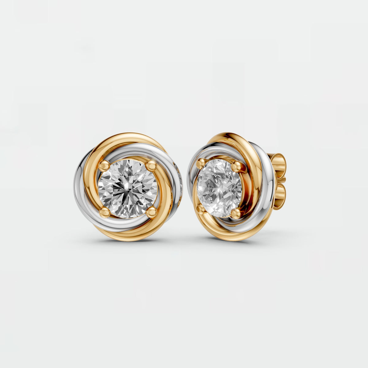 Two Tone interlocking Round Diamond Stud Earrings with Sculptural Gold Design