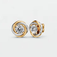 Two Tone interlocking Round Diamond Stud Earrings with Sculptural Gold Design