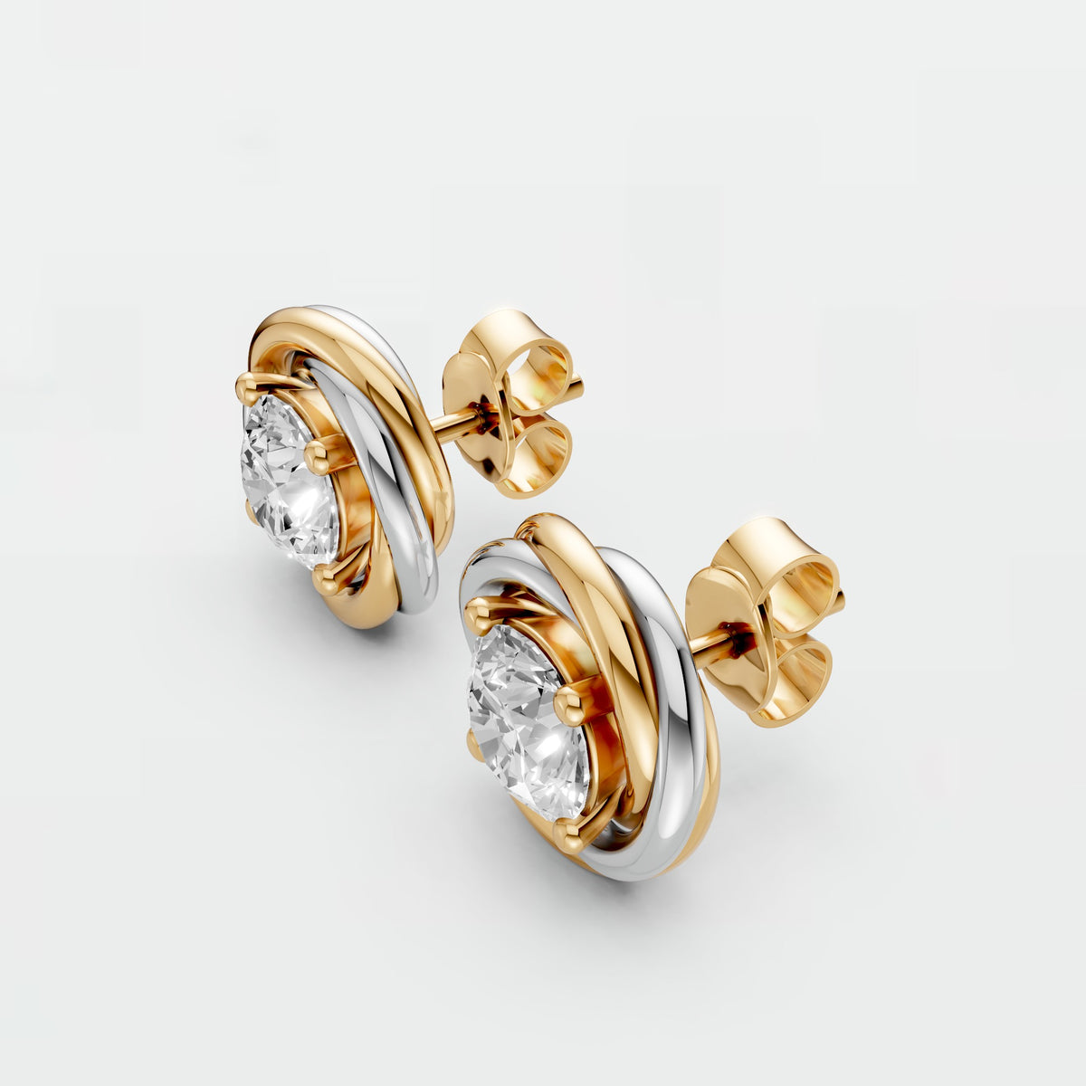 Two Tone interlocking Round Diamond Stud Earrings with Sculptural Gold Design