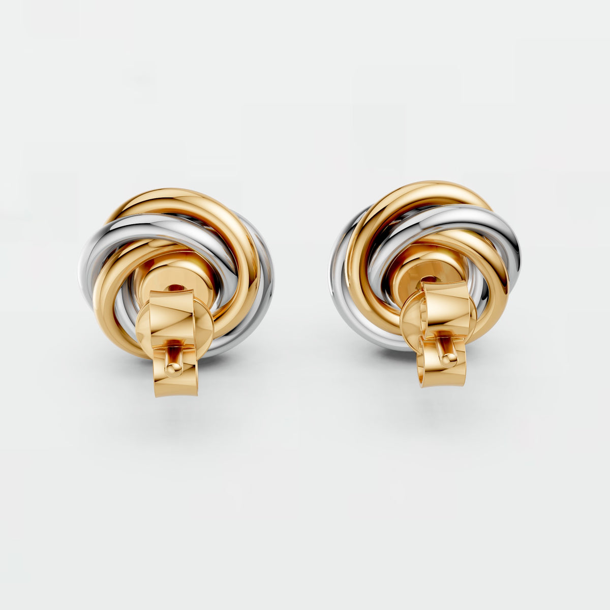 Two Tone interlocking Round Diamond Stud Earrings with Sculptural Gold Design