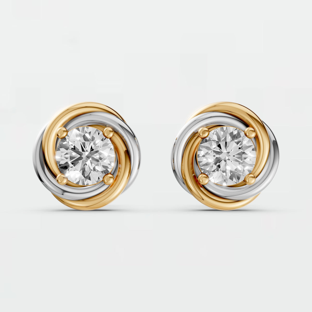Two Tone interlocking Round Diamond Stud Earrings with Sculptural Gold Design