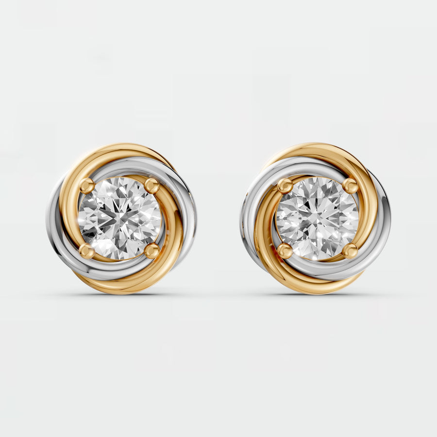 Two Tone interlocking Round Diamond Stud Earrings with Sculptural Gold Design
